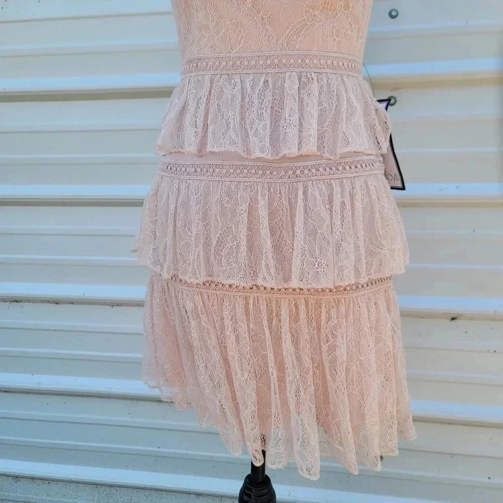 NWT ADRIANNA PAPELL Women's Satin Blush Pink Tiered Lace Mini A-Line Dress sz 0